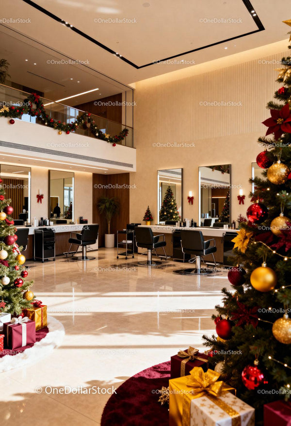 Nowoczesny salon fryzjerski udekorowany na świąteczny sezon Bożego Narodzenia
