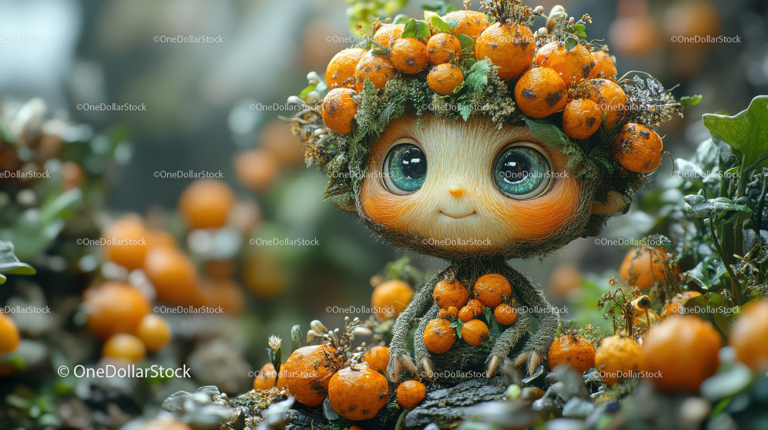 Cute Forest Creature with Large Eyes Surrounded by Orange Berries