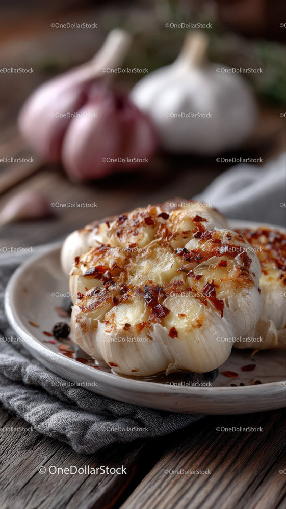 Roasted Garlic Head with Crispy Red Pepper Flakes on Plate
