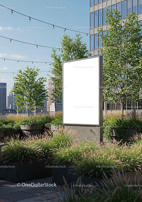 Empty Vertical Billboard on Urban Rooftop Garden JPG Mockup Image