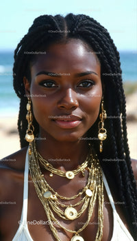 Elegant Woman with Braided Hair Wearing Gold Jewelry at the Beach