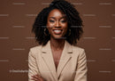 Professional Portrait of a Smiling African American Woman with Curly Hair and Beige Blazer