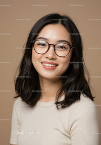 Young Woman Smiling with Glasses in Casual Attire Against Neutral Background