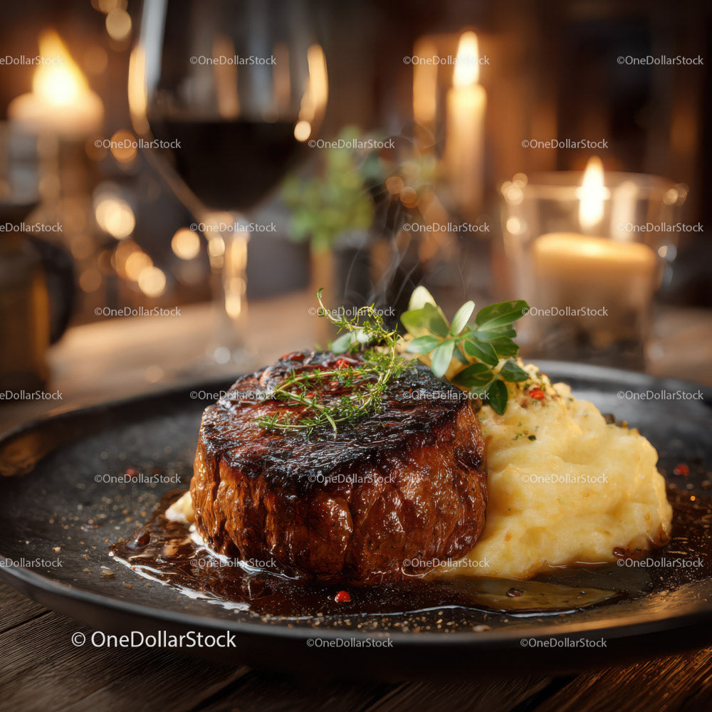 Juicy Steak with Mashed Potatoes and Herb Garnish in Elegant Restaurant