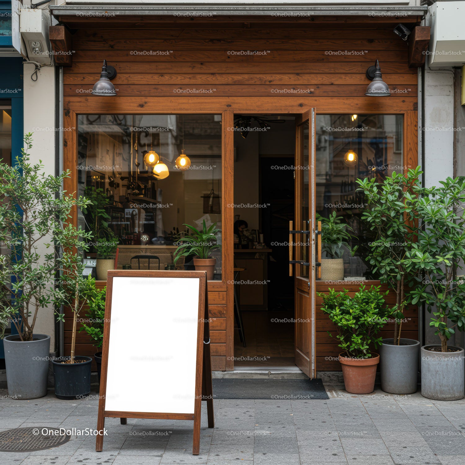 Cozy cafe entrance with wooden facade and plants