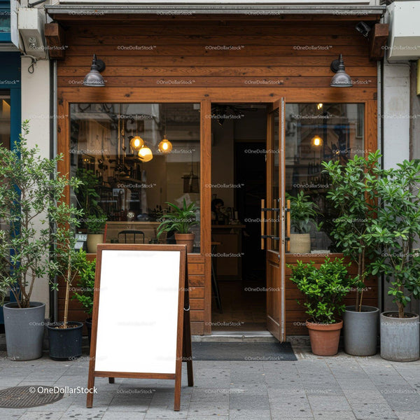 Cozy cafe entrance with wooden facade and plants JPG Mockup Image