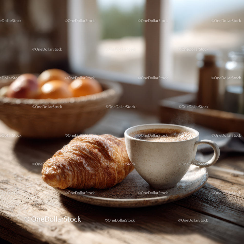 Croissant and Coffee at Rustic Kitchen Breakfast Scene