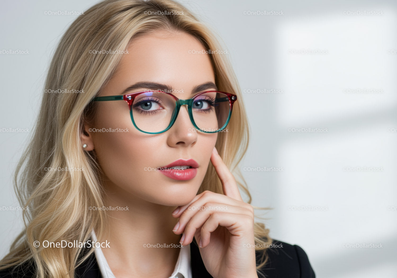 Stylowa blondynka w kolorowych okularach w profesjonalnym otoczeniu