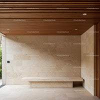 Modern Beige Stone Wall Interior with Wooden Ceiling and Minimalist Style