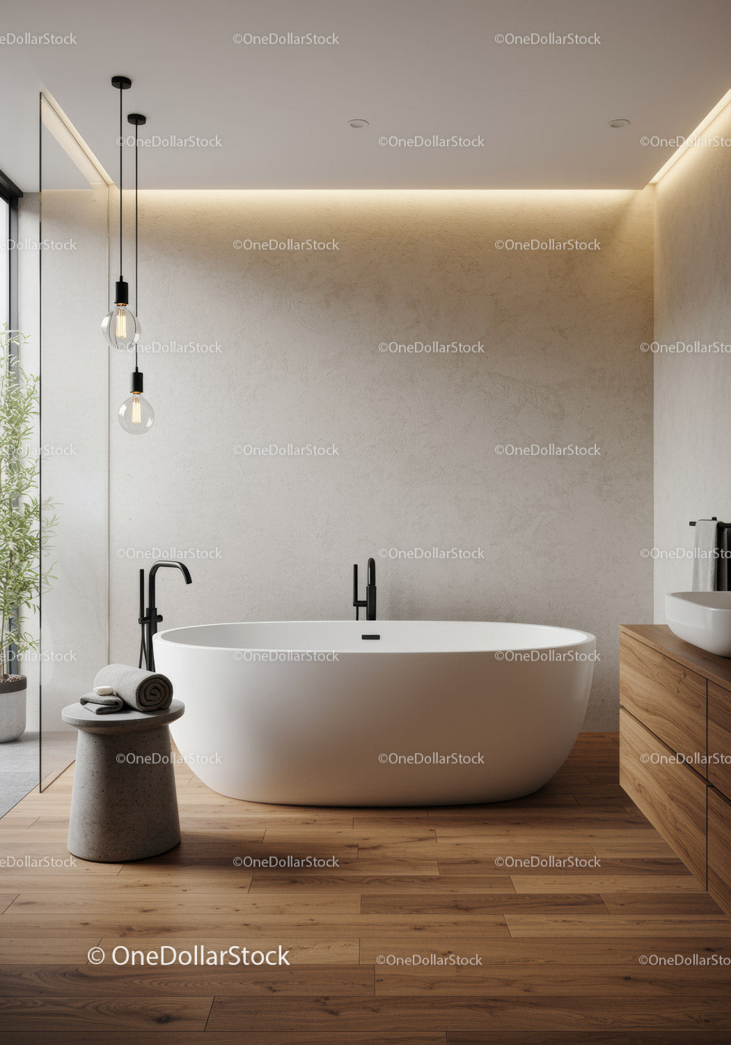 Modern Bathroom with Freestanding Bathtub and Wooden Flooring