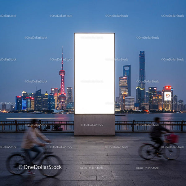 Evening Cityscape with Cyclists and Illuminated Billboard JPG Mockup Image