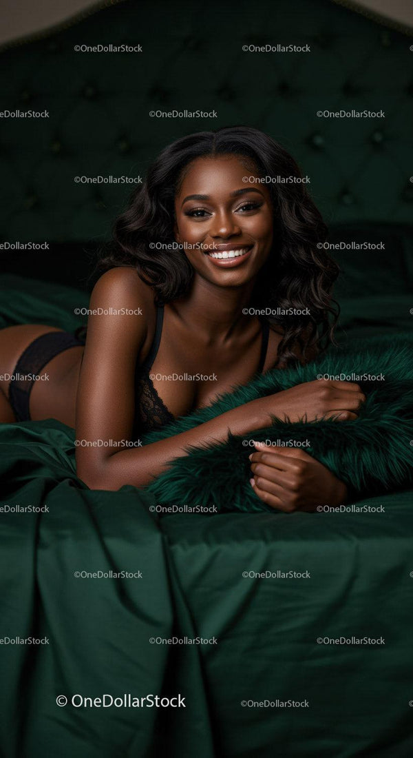 Smiling woman relaxing on bed with dark green bedding