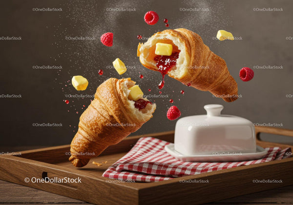 Fresh croissants filled with butter and raspberry jam