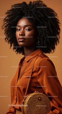 Elegant African Woman with Curly Hair in Stylish Brown Silk Blouse