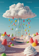 Whimsical Candy Landscape with Glass Bottle and Rain Drops