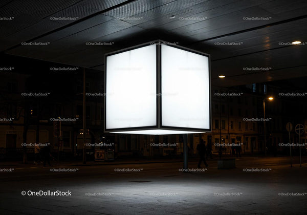 Glowing Cubic Light Installation Under Urban Canopy JPG Mockup Image