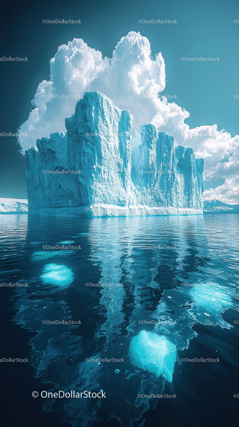 Majestic Blue Iceberg Floating in Calm Arctic Ocean Under Cloudy Sky