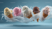 Colorful Ice Cream Cones with Melting Scoops Splashing in Air