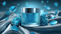 Elegant Blue Cosmetic Jar Among Delicate Petals