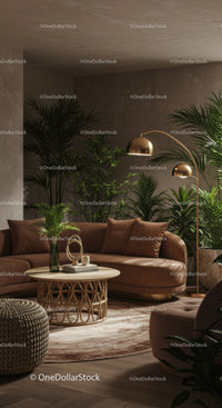 Cozy Living Room with Earth Tones and Lush Greenery