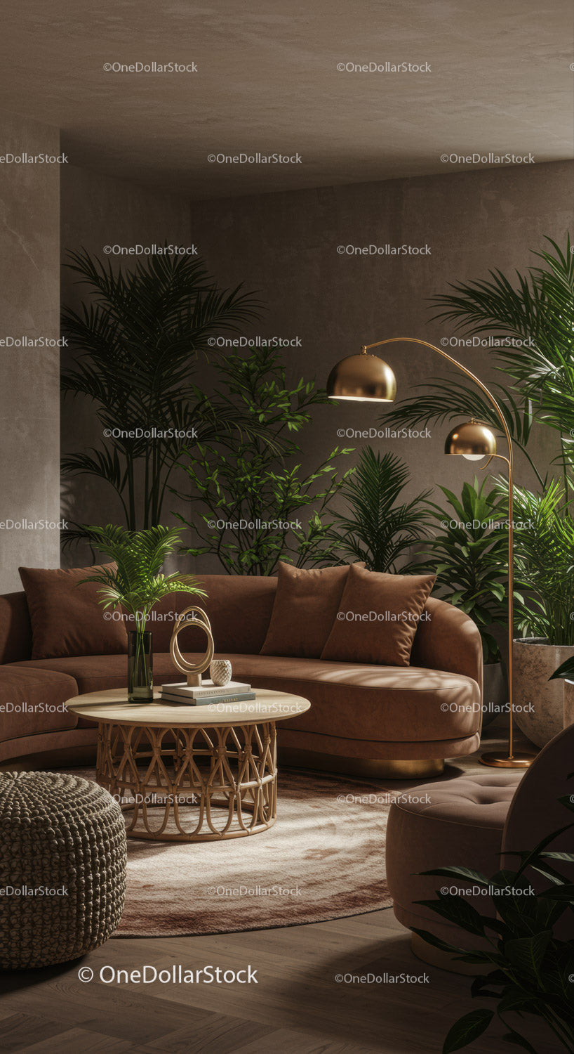 Cozy Living Room with Earth Tones and Lush Greenery