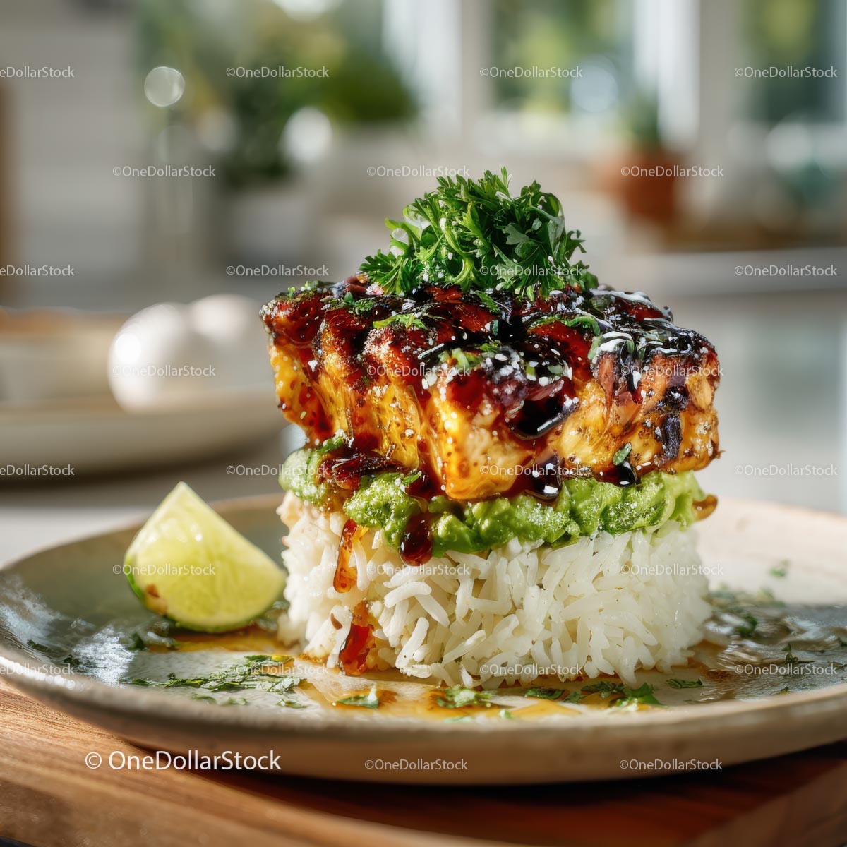 Grilled Fish with Avocado Sauce and Rice Garnished with Lime