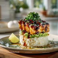 Grilled Fish with Avocado Sauce and Rice Garnished with Lime