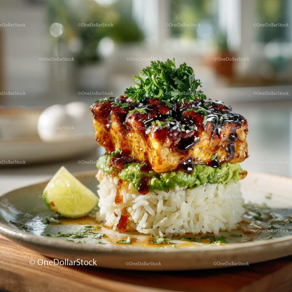 Grilled Fish with Avocado Sauce and Rice Garnished with Lime