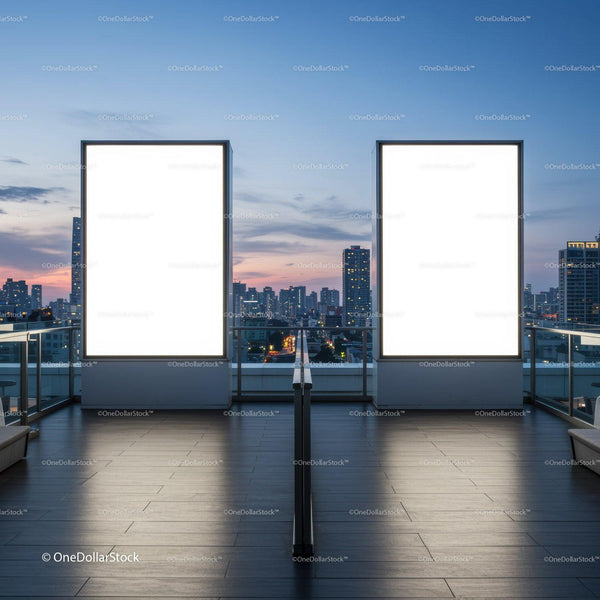 Urban rooftop with two large illuminated billboard displays JPG Mockup Image