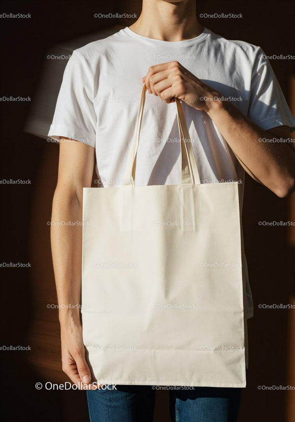 Person Holding Blank Canvas Tote Bag Against Dark Background JPG Mockup Image
