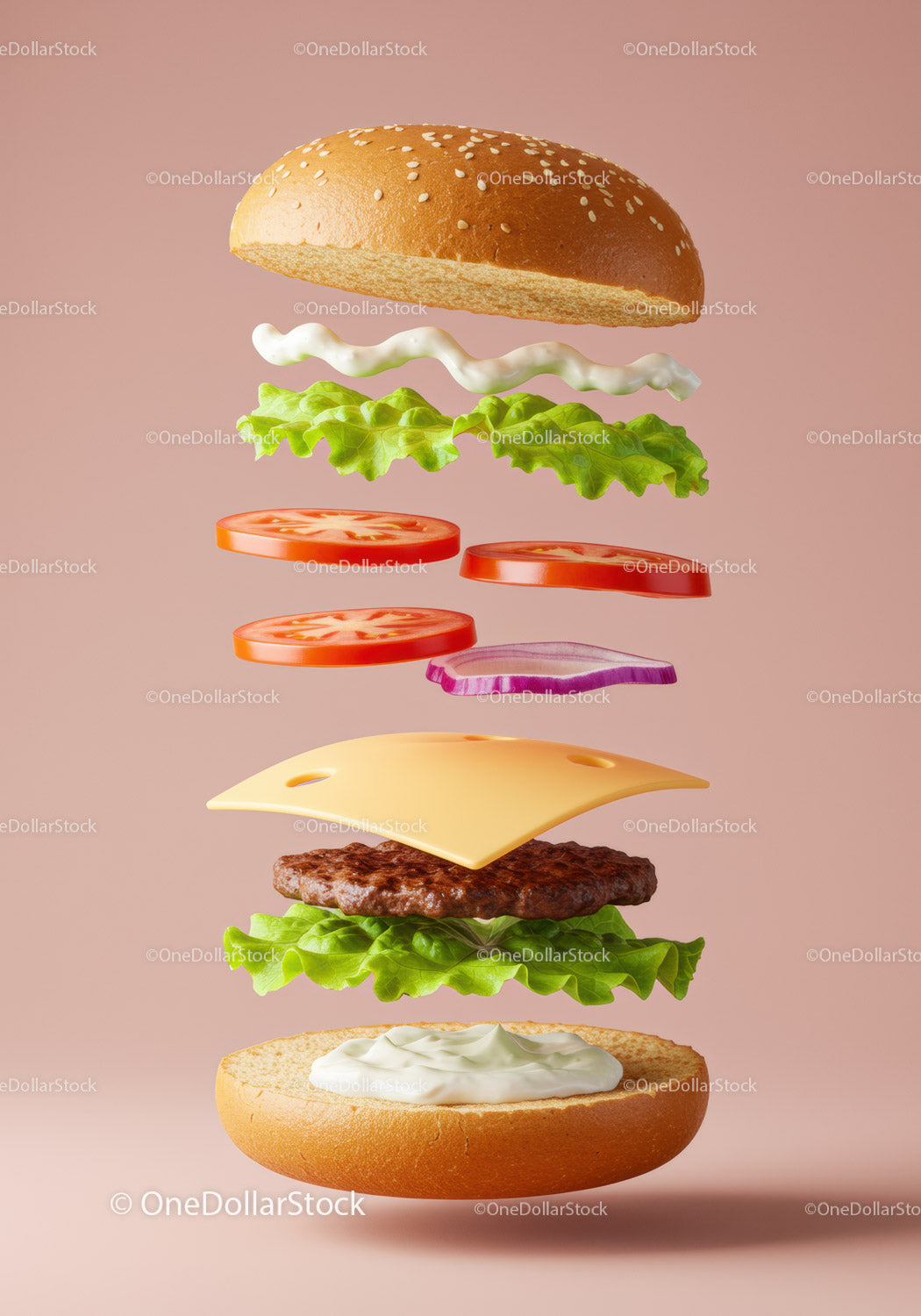 Dekonstruowany cheeseburger ze świeżymi warzywami pływającymi