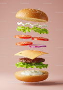 Deconstructed cheeseburger with fresh vegetables floating