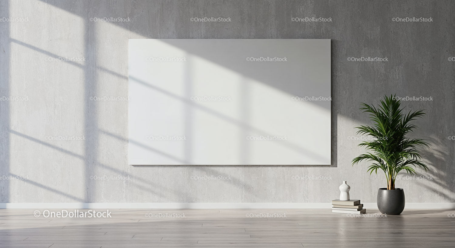 Bright Minimalist Interior with Blank Canvas and Plant