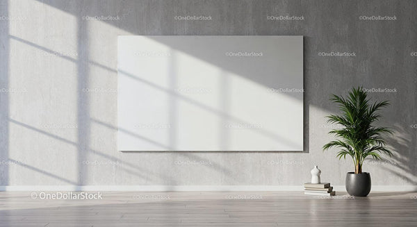 Bright Minimalist Interior with Blank Canvas and Plant JPG Mockup Image