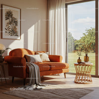 Cozy living room with orange sofa and natural light