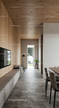 Minimalist hallway with wooden ceiling and natural light