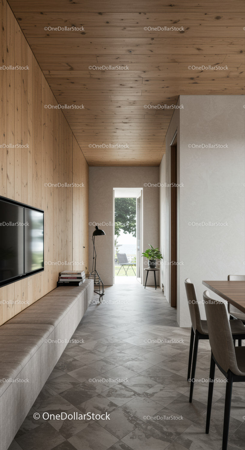 Minimalistyczny korytarz z drewnianym sufitem i naturalnym światłem