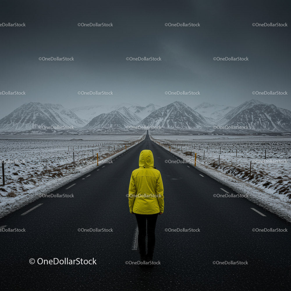 Lonely Traveler in Yellow Jacket on Snow-Covered Road