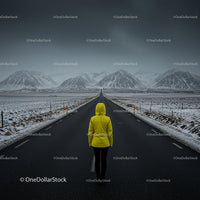 Lonely Traveler in Yellow Jacket on Snow-Covered Road