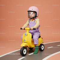 Toddler riding yellow tricycle with pink helmet indoors