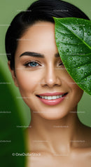 Beautiful Woman with Bright Eyes and Green Leaf in Natural Setting
