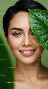 Beautiful Woman with Bright Eyes and Green Leaf in Natural Setting