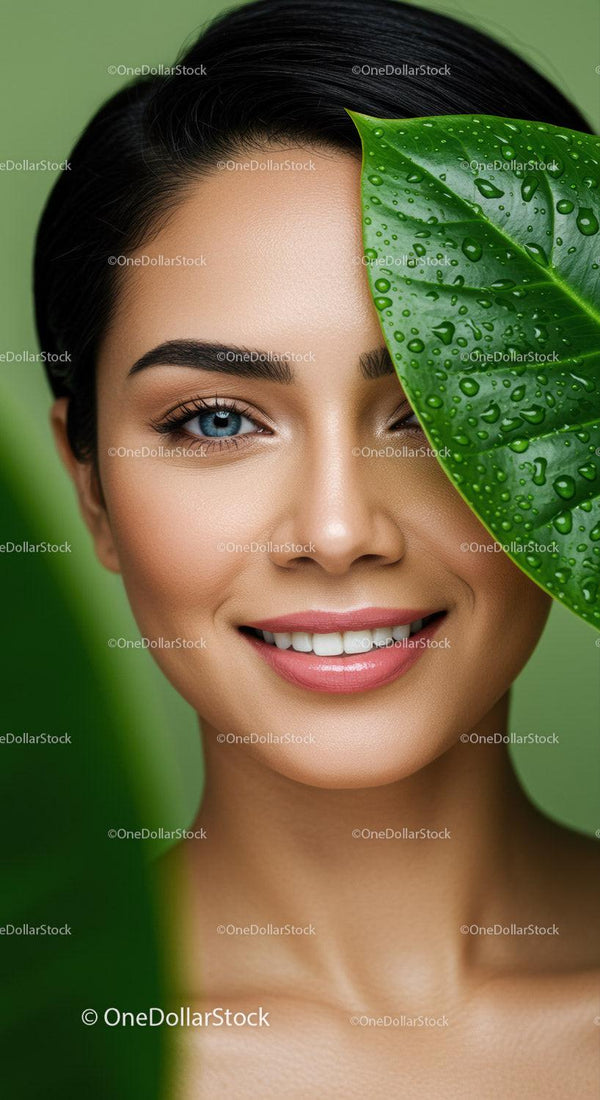 Beautiful Woman with Bright Eyes and Green Leaf in Natural Setting
