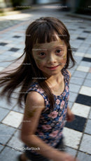 Joyful young girl with floral dress and mud on face