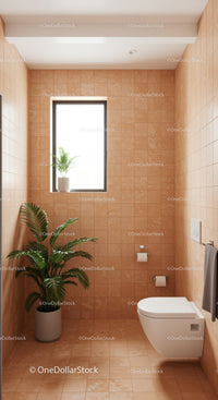 Bright Minimalist Bathroom with Beige Tiles and Indoor Plants