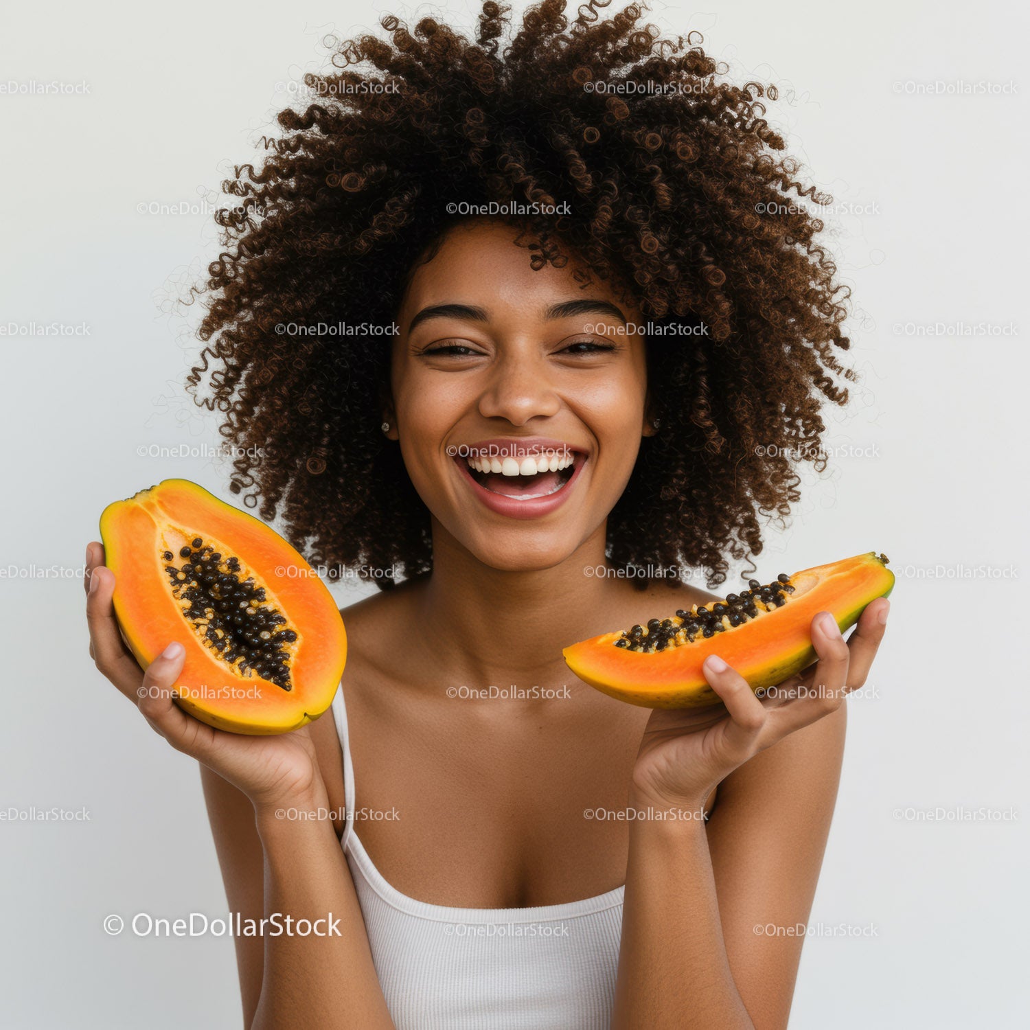 Vivid Scene of a Smiling Woman Enjoying Fresh Papaya Slices
