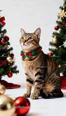 Tabby cat wearing festive collar near decorated Christmas trees