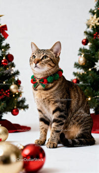 Tabby cat wearing festive collar near decorated Christmas trees
