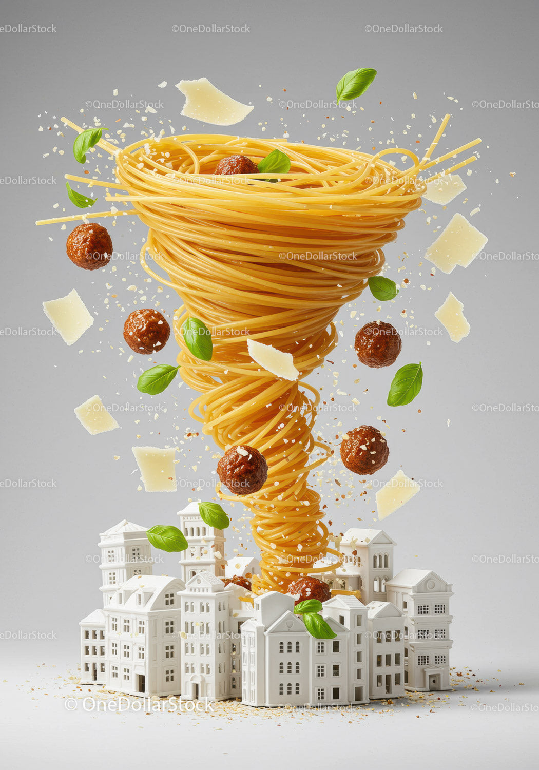 Spaghetti Tornado Twisting Over Miniature Cityscape