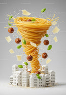 Spaghetti Tornado Twisting Over Miniature Cityscape